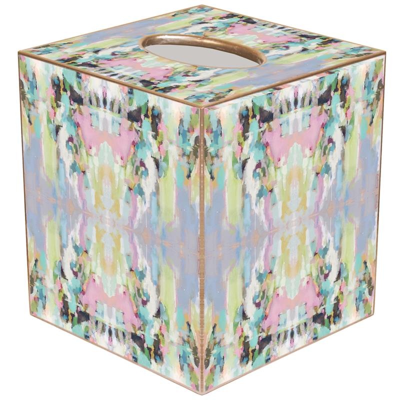 Handcrafted paper mache tissue box cover with gold-painted edges.