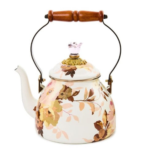 Wild Rose White 2 Quart Tea Kettle with floral pattern, wooden handle, and pink glass knob.