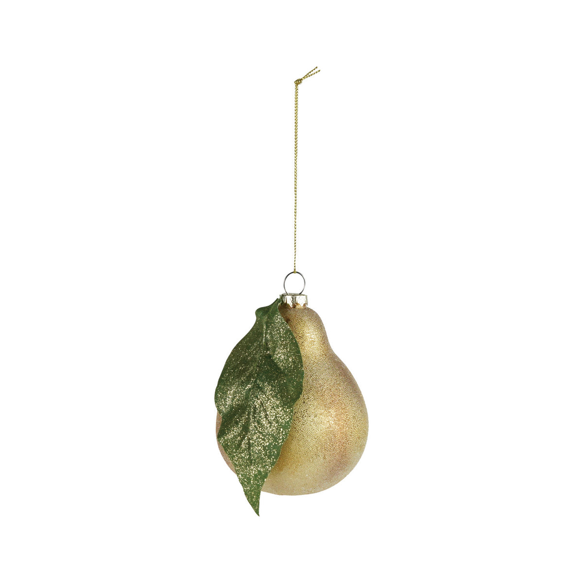 Hand-painted glass pear ornament in gold and yellow with a glittered green leaf and sugar finish.