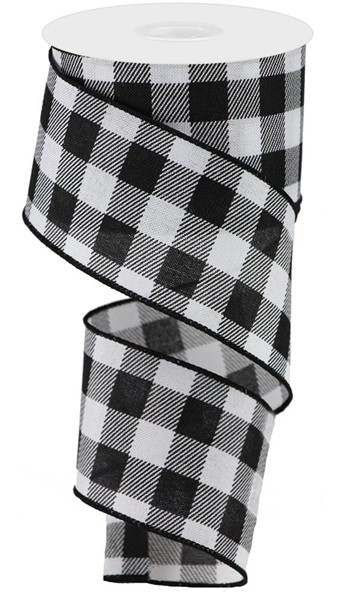 White fabric with black striped check pattern on a royal ribbon