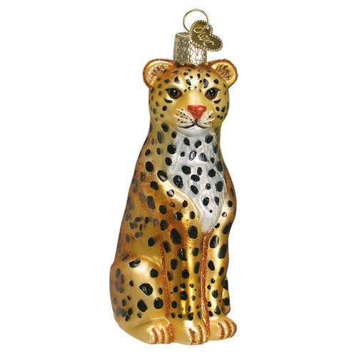 Leopard ornament figurine with spotted brown fur on a black base.