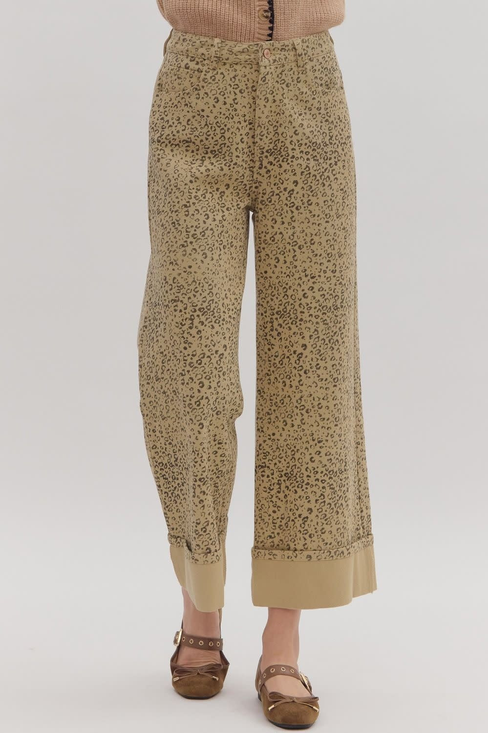 Tan leopard print woven high-waist wide-leg pants with front patch pockets.