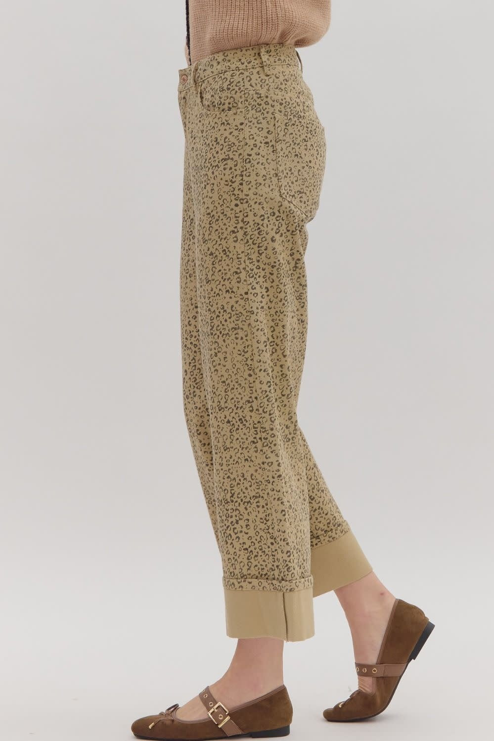Tan leopard print woven high-waist wide-leg pants with front patch pockets.