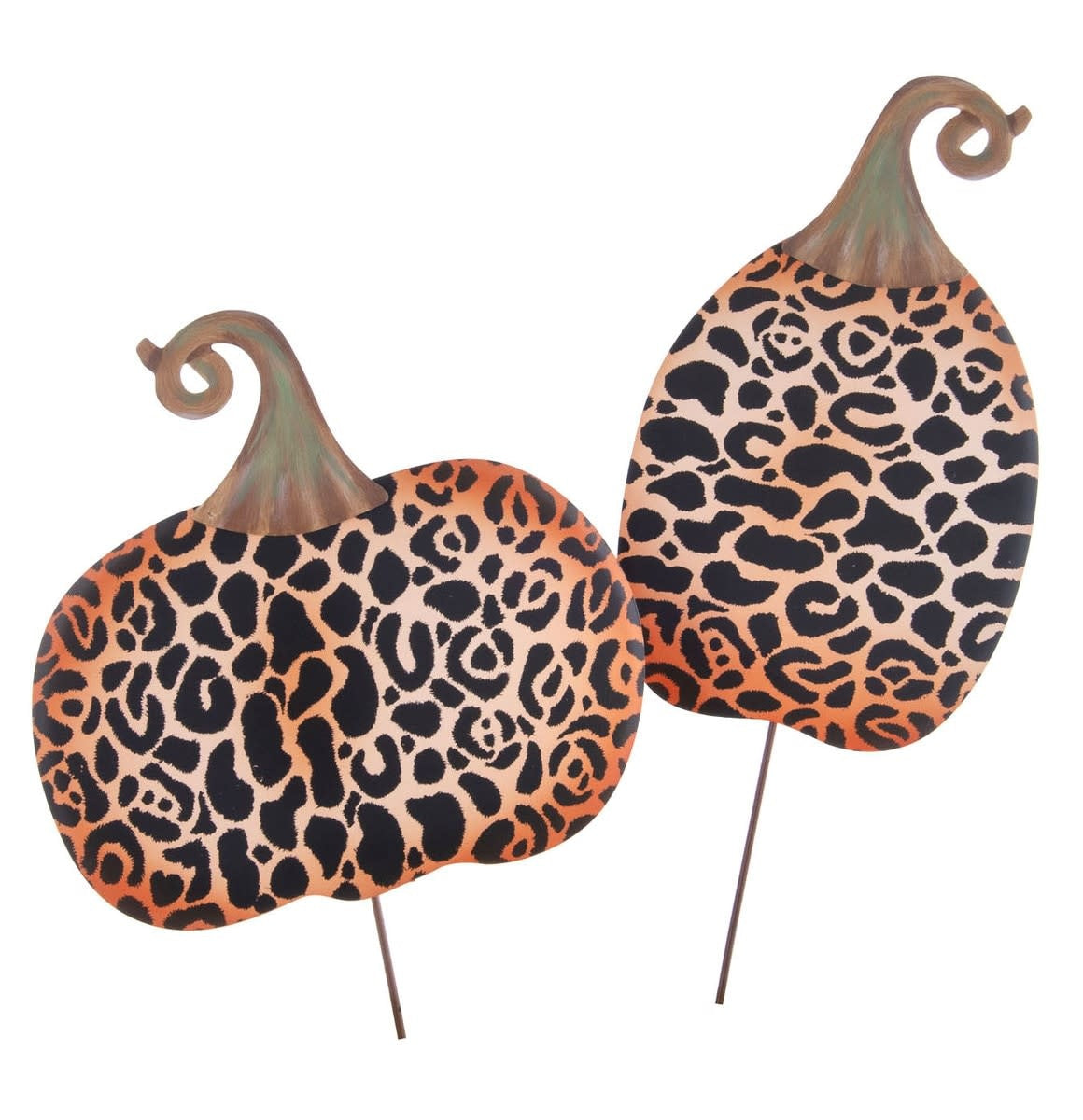 Leopard print pumpkin stake with bold animal spots in orange and black.