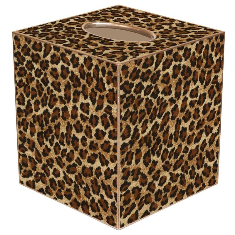 Leopard print paper mache tissue box cover with gold painted edges