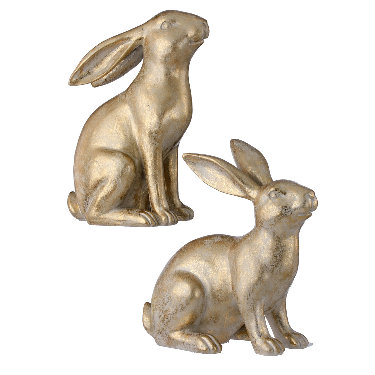 Two decorative golden resin bunny figurines in sitting poses with a distressed metallic finish.