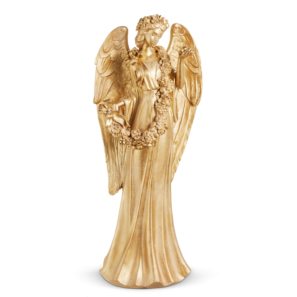 24-inch gold-finished enchanted angel figurine with wings and a floral garland.