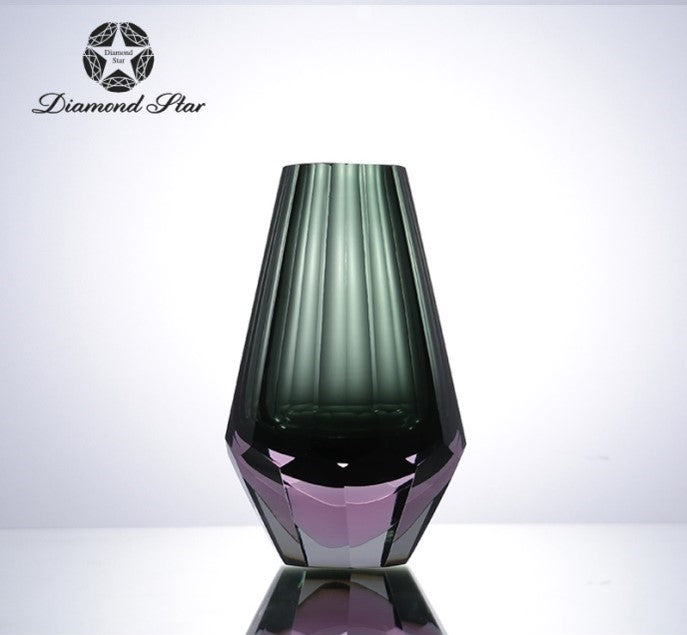 7.5-inch faceted glass vase with a smoky green top and purple geometric base.