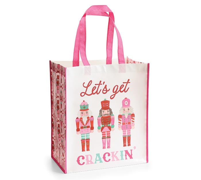 Brown tote bag with nutcracker soldier graphic on front