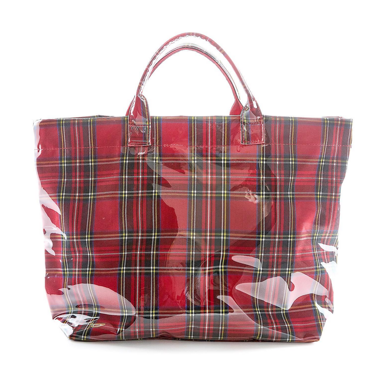 Red tartan tote bag with a glossy PVC finish and top handles.