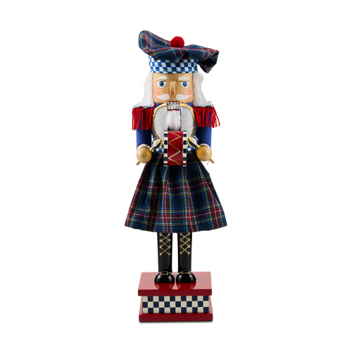 Timeless Tartan Wood Nutcracker wearing a blue plaid kilt and hat, holding a drum and drumsticks.