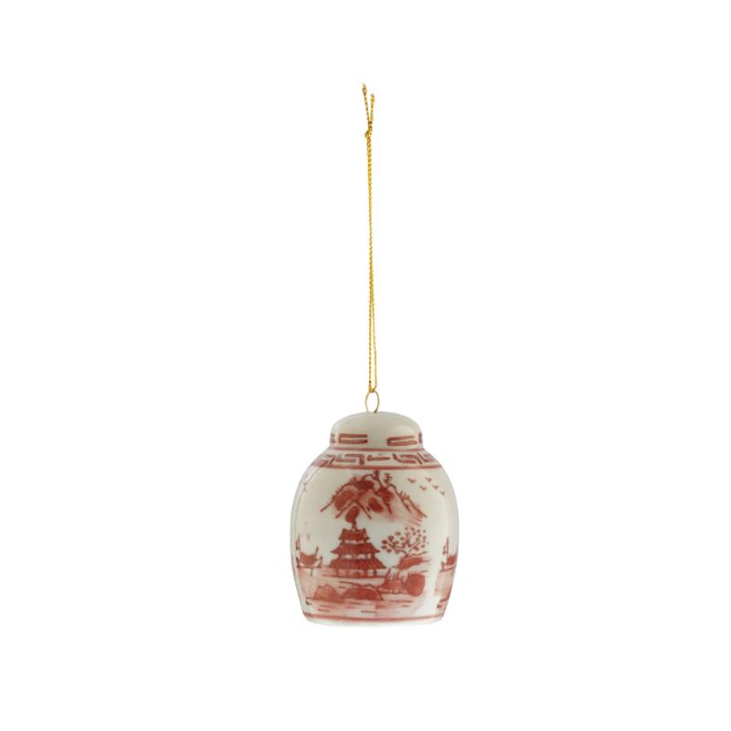 Hand-painted burgundy and white stoneware ginger jar ornament with a gold hanging string.