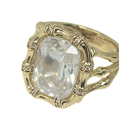 Bamboo With Stone Ring in 18K gold dipped bronze with a large clear gemstone and pavé crystals.