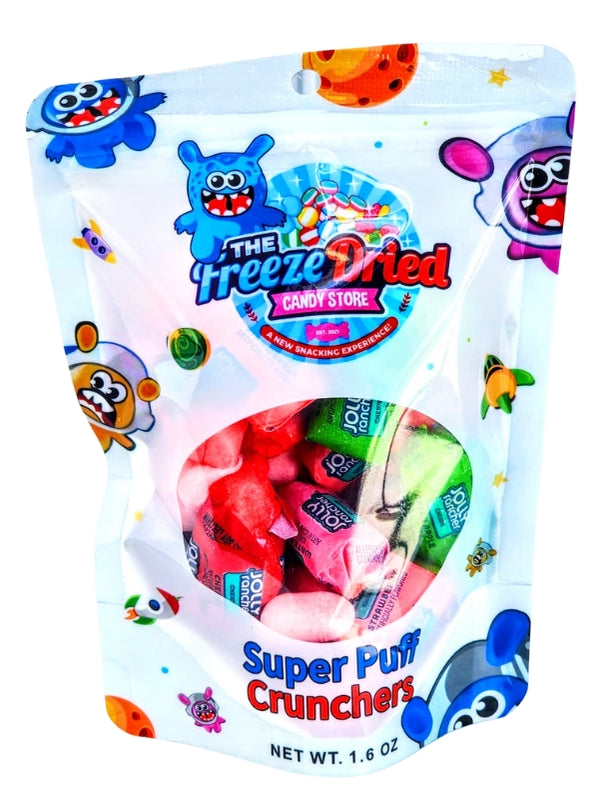 Super Puff Crunchers freeze-dried Jolly Rancher candy in a 1.6 oz bag with monster illustrations.