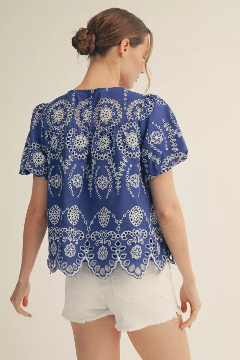 Zoey Short Puff Sleeves Eyelet Lace Babydoll Top