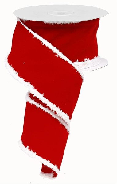 2.5 inch red velvet ribbon with white snowdrift fuzzy edges on a spool.