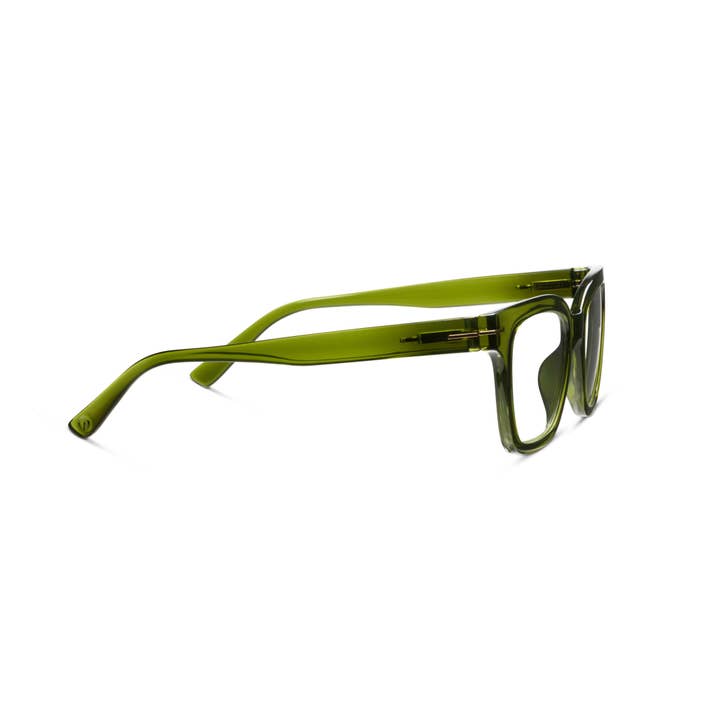 Side view of Buzzworthy olive green polycarbonate glasses with spring hinges and clear lenses.
