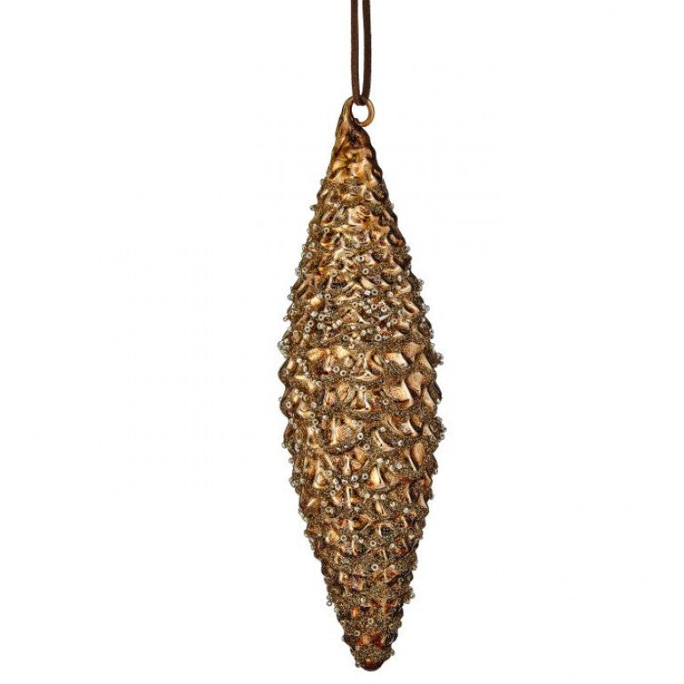 7.5-inch glass Southern pine cone ornament in a metallic bronze finish with glitter accents.