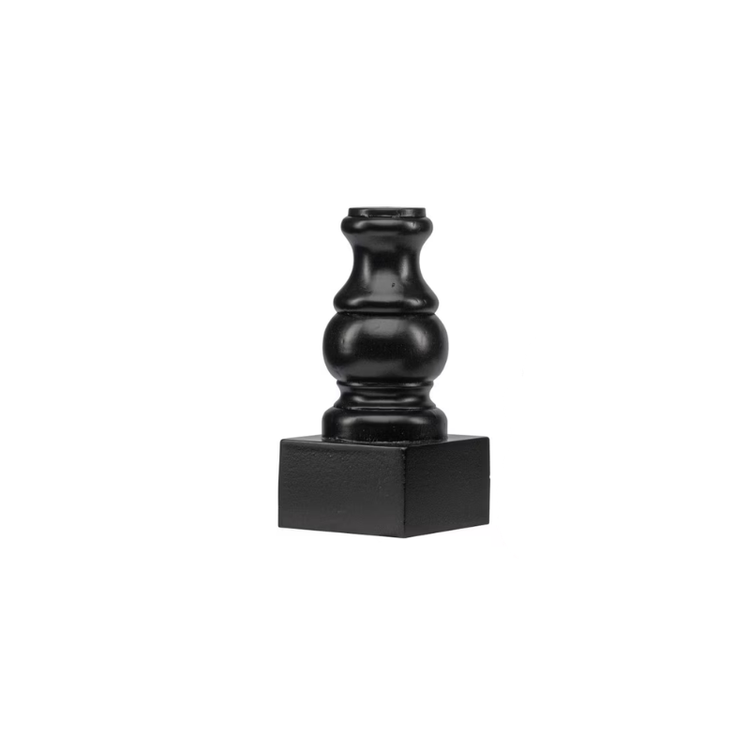 Small black turned wood display pole with a square base and decorative spindle design.