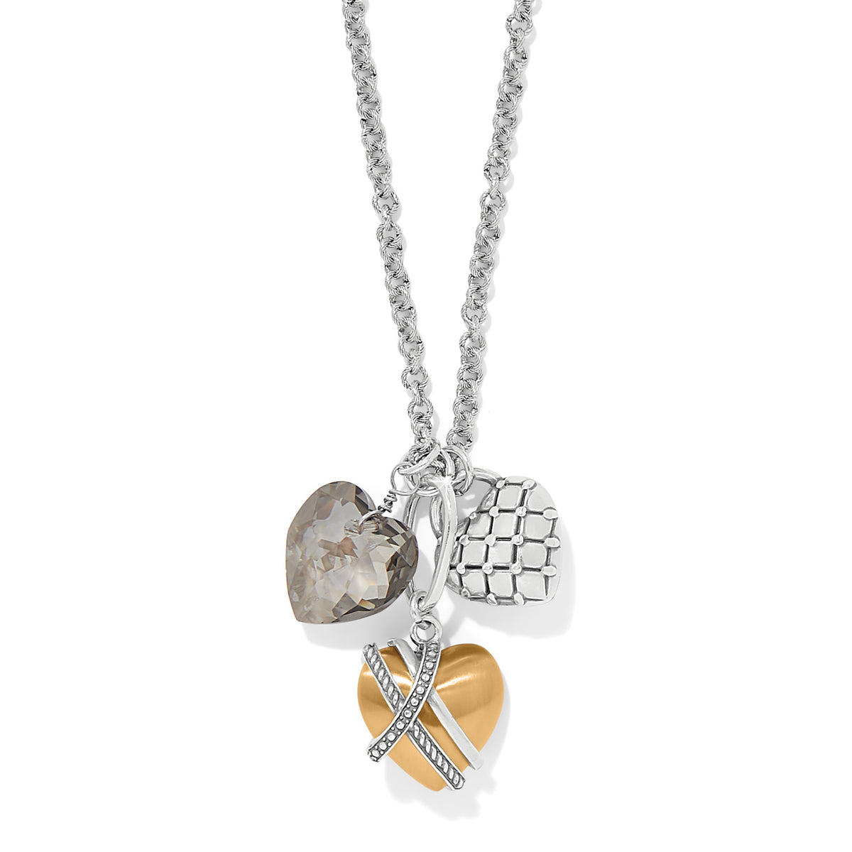 Silver-gold two-tone necklace with three heart charms: crystal, quilted silver, and gold with pavé.