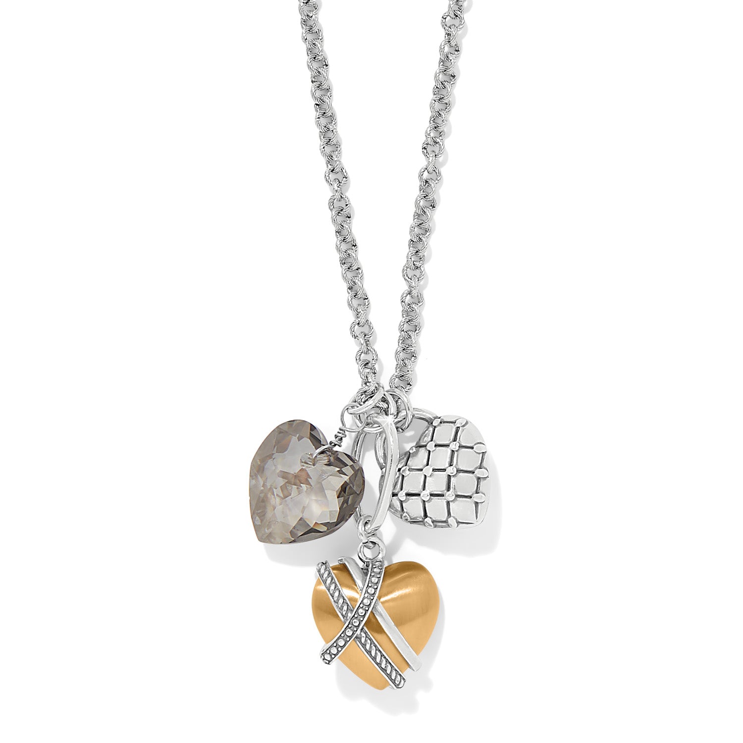 Silver-gold two-tone necklace with three heart charms: crystal, quilted silver, and gold with pavé.