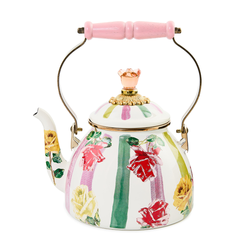 Garden Gala tea kettle with hand-glazed steel body, bronzed stainless rim, wood handle, and glass finial.
