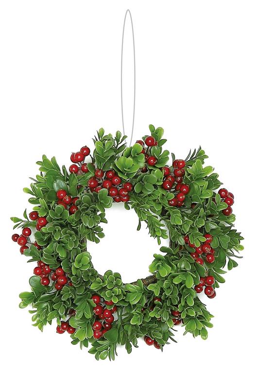 Boxwood and red berry table wreath with green leaves and a thin hanging loop.