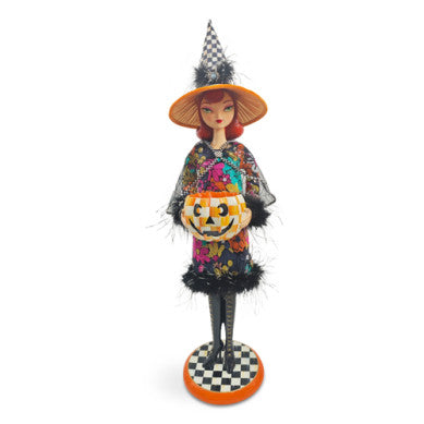 Glamoura Fabric Witch with Pumpkin: black witch dress with pumpkin print