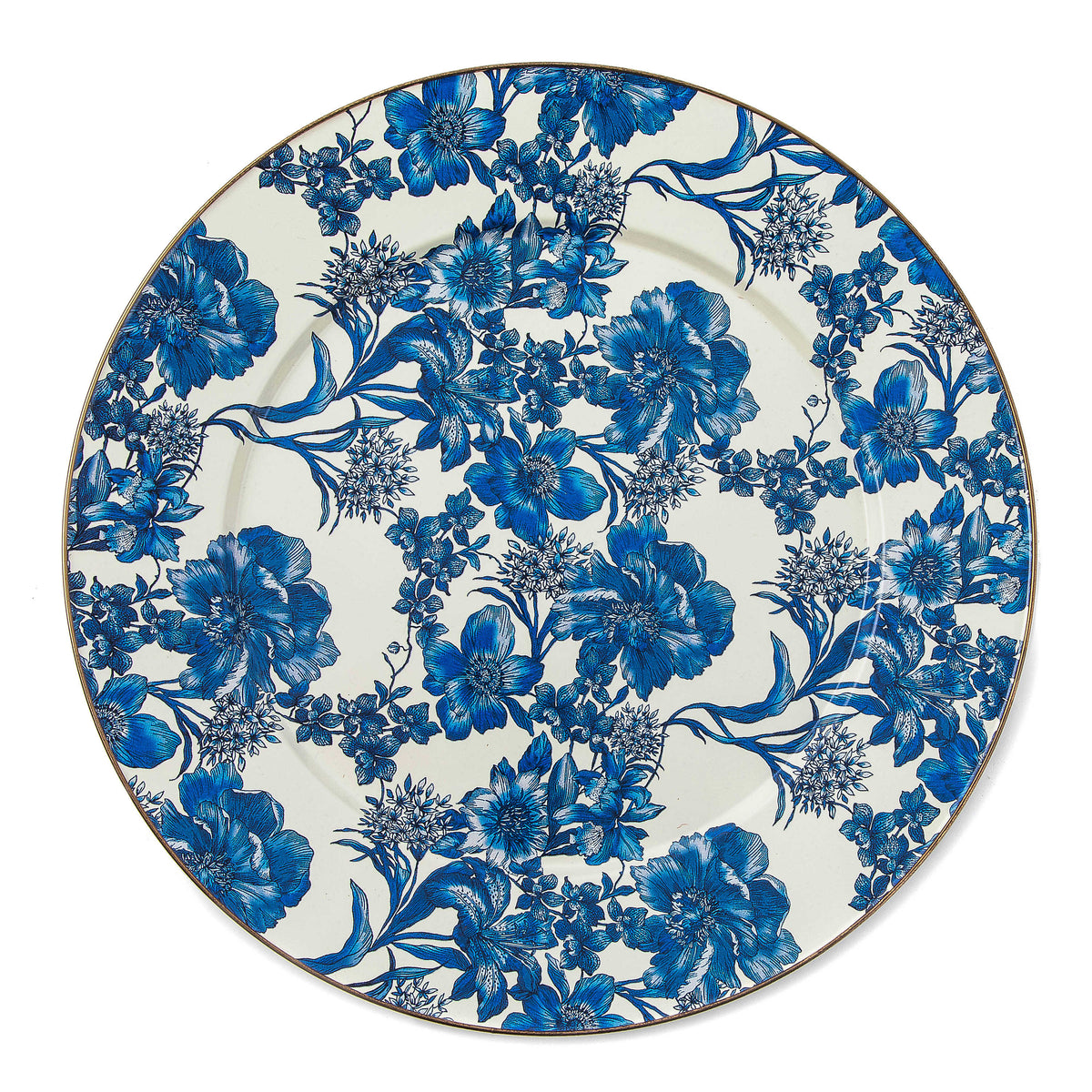 English Garden floral enamel serving platter with bronzed stainless steel rim on heavy-gauge steel base