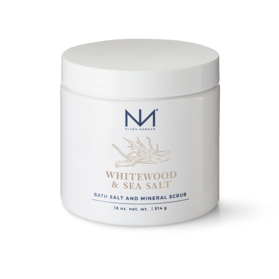 18 oz jar of Niven Morgan Whitewood & Sea Salt Bath Salt and Mineral Scrub.