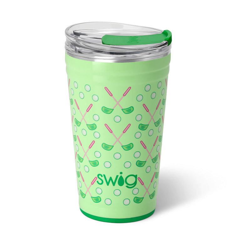 Light green 24oz insulated stainless steel party cup with a golf club and ball pattern.