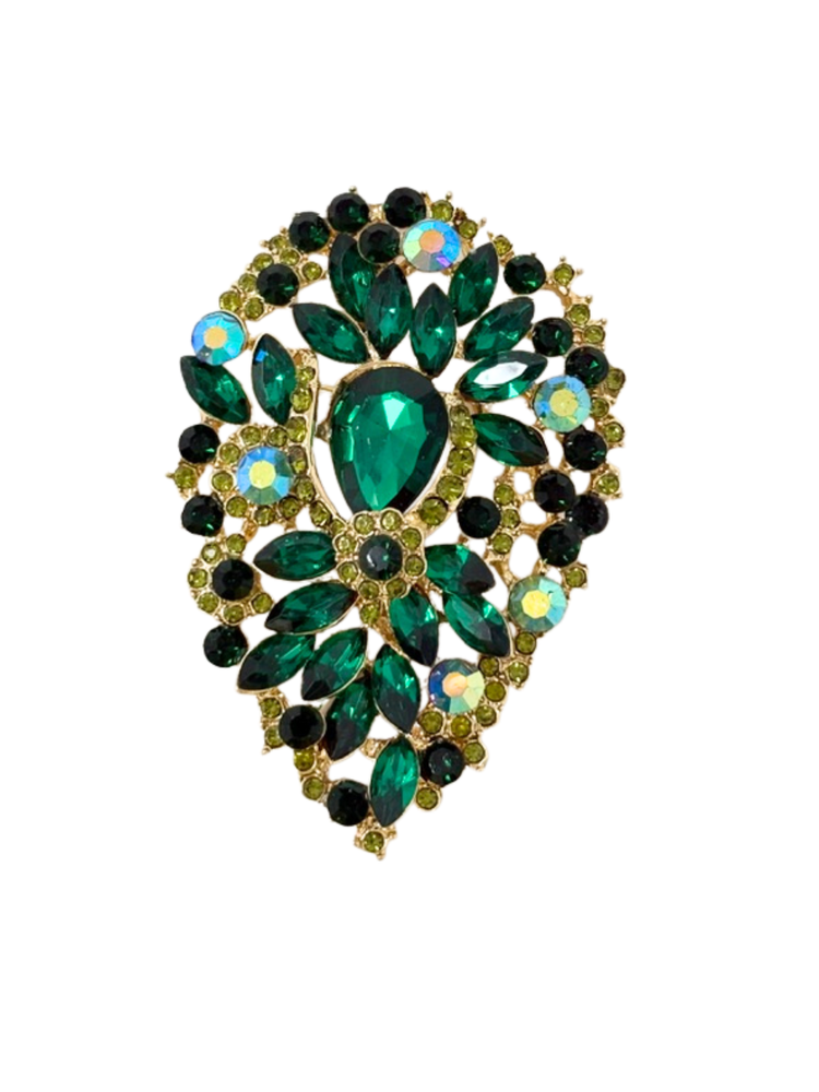 Crystal acorn statement brooch with emerald green, black, and iridescent stones in a gold setting.