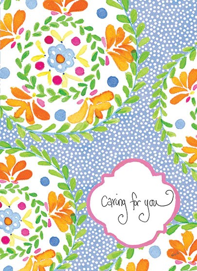 Greeting card with watercolor floral wreaths and a 'Caring for you' message on a polka dot background