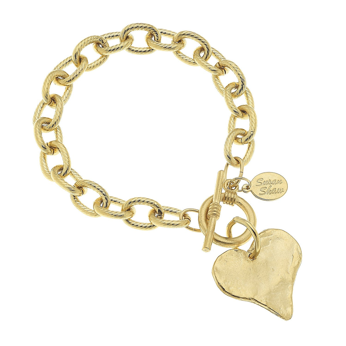 Gold Heart Toggle Bracelet with a hand-cast heart charm and a 24k gold triple-plated link chain.