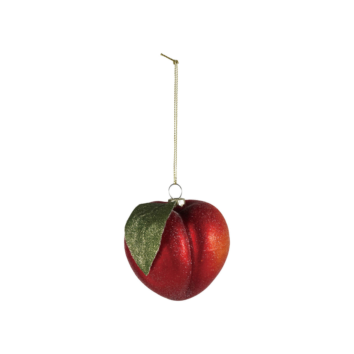 Hand-painted glass peach ornament with red glitter, sugar finish, green leaf, and gold hanging cord.