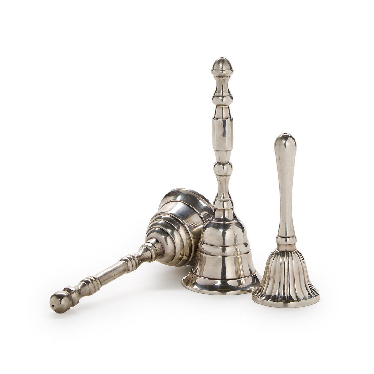 Three hand-crafted silver-plated brass bells with decorative handles in varying classic designs.