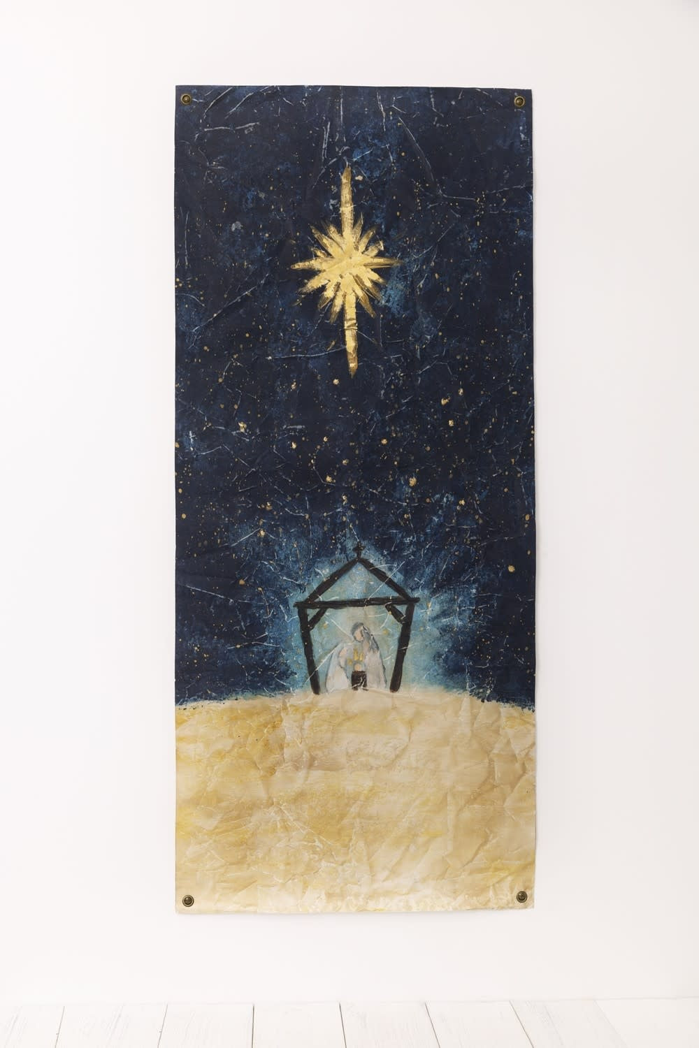 Paper art titled Midnight Clear showing a serene winter night scene in black and white.