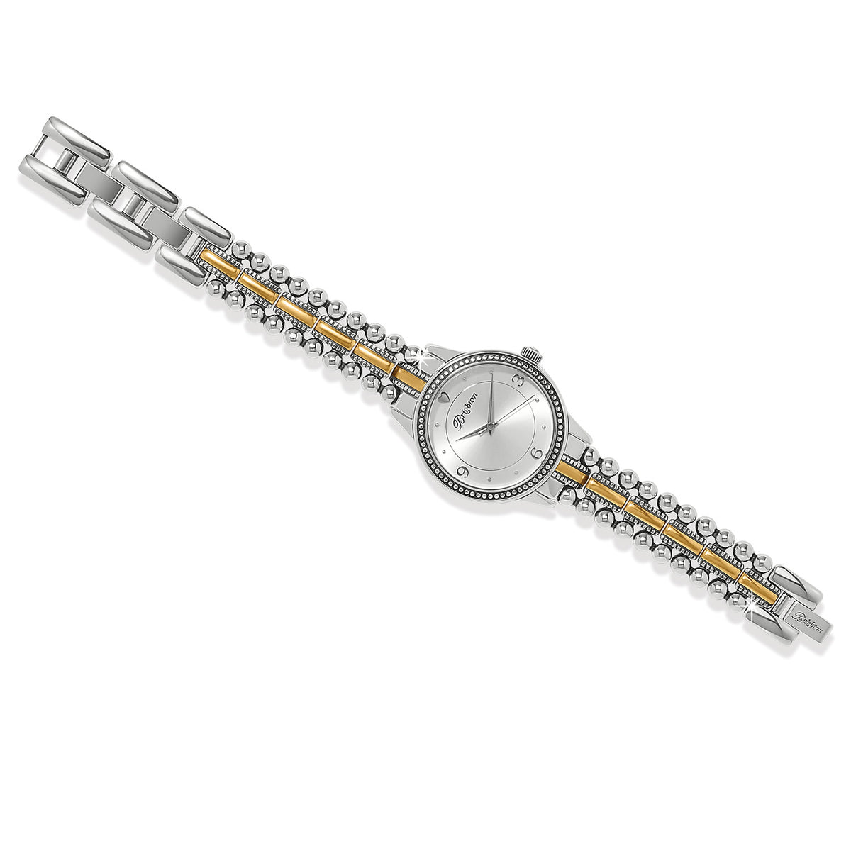 Mexico City Two Tone Watch with silver and gold band, round silver face, and fold-over clasp.