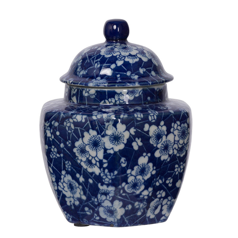 Blue-and-white porcelain decorative jar with a square silhouette.