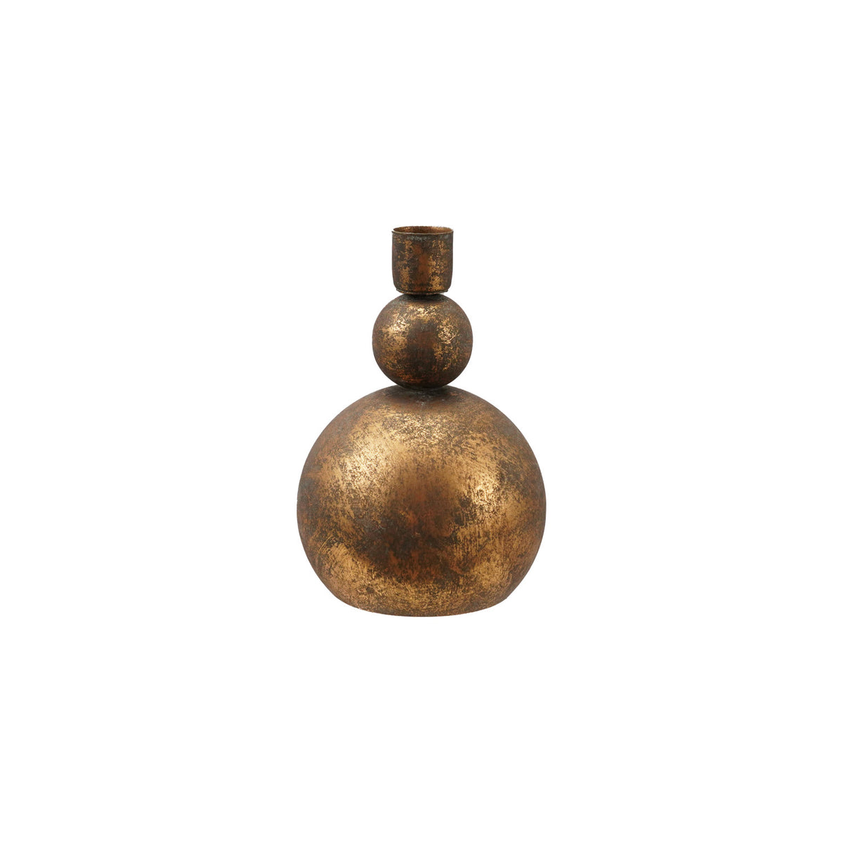 Antique gold iron taper candle holder featuring a sculptural three-tiered ball design.