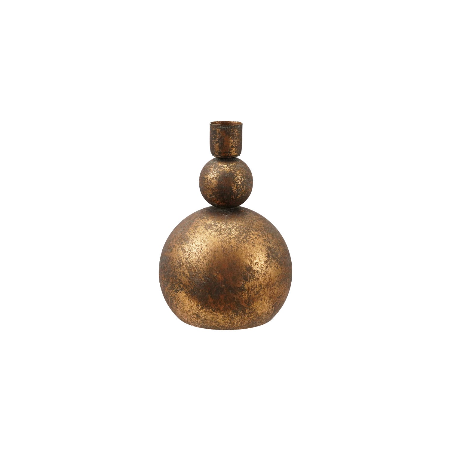 Antique gold iron taper candle holder featuring a sculptural three-tiered ball design.