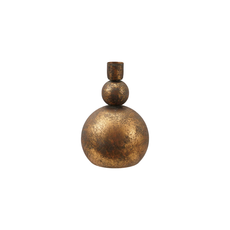 Antique gold iron taper candle holder featuring a sculptural three-tiered ball design.
