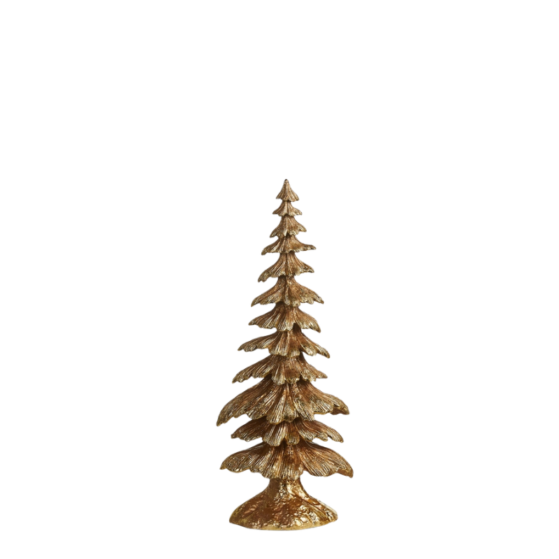Gold layered tree tabletop statue with textured evergreen branches and a rustic silhouette.