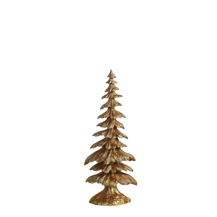 Gold layered tree tabletop statue with textured evergreen branches and a rustic silhouette.