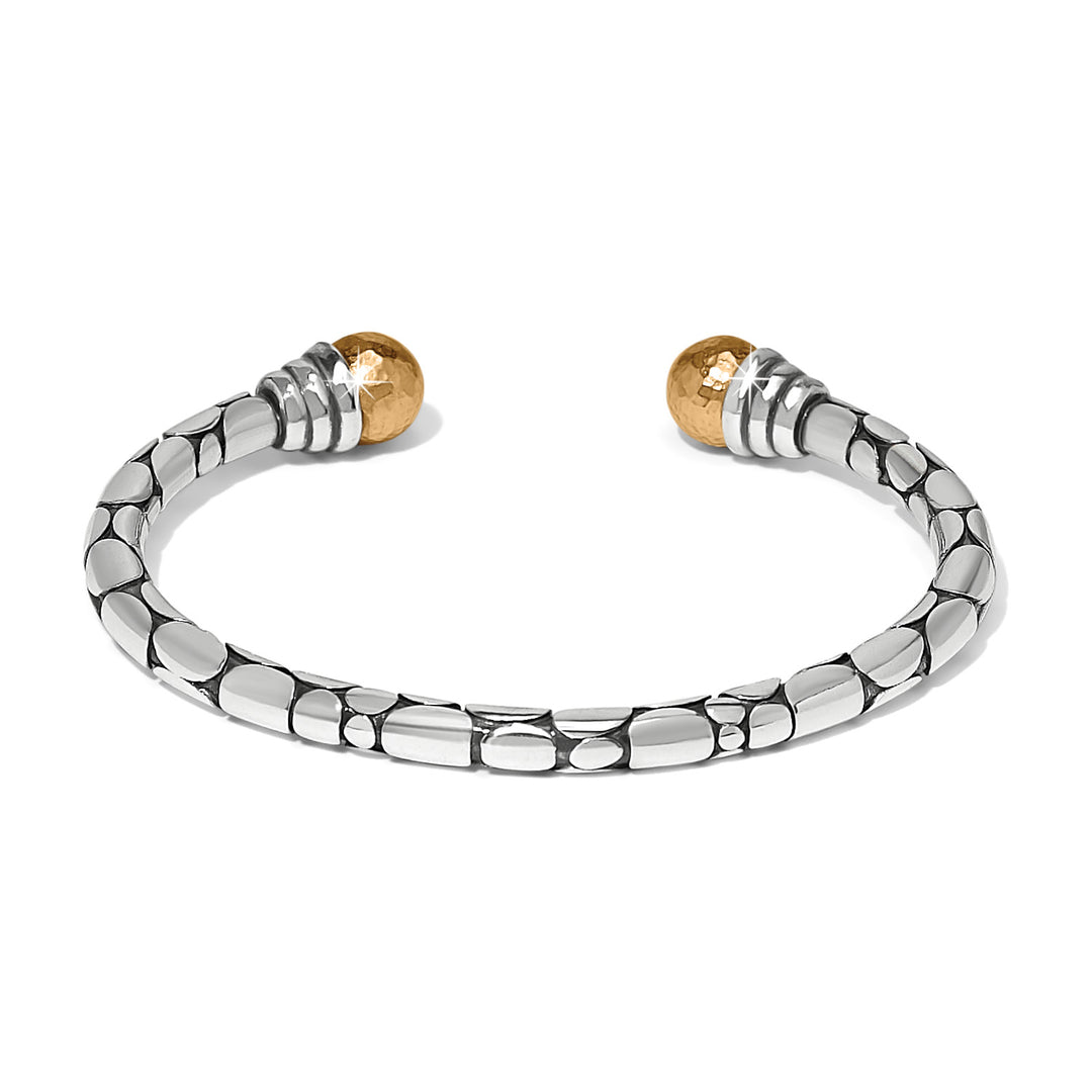 Pebble Link Two Tone Open Flex Cuff Bracelet in silver and gold finish.