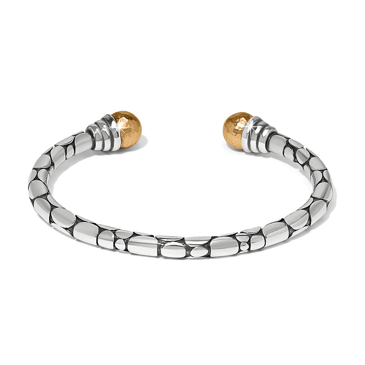 Pebble Link Two Tone Open Flex Cuff Bracelet in silver and gold finish.