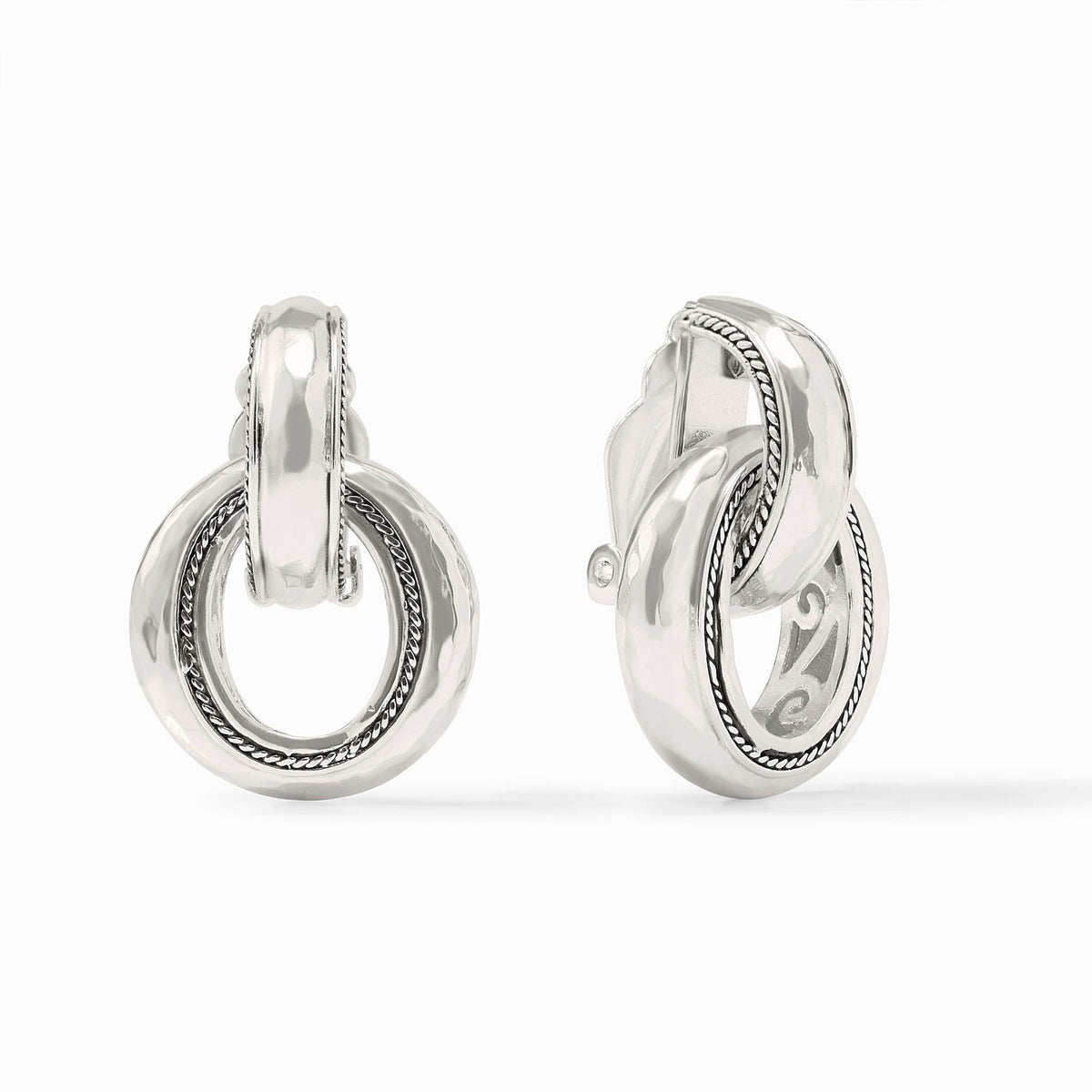 Silver Cannes Doorknocker Clip earrings with textured oval hoops and rope-style detailing.