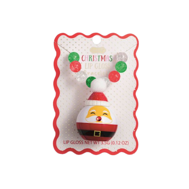 Christmas lip gloss bracelet with a Santa Claus charm and red, green, and white beads.