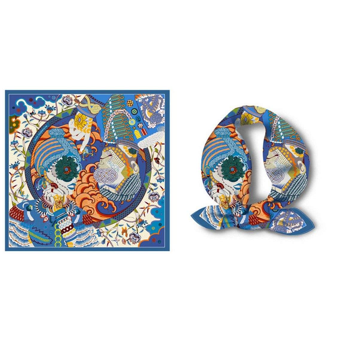 Twilled Satin Mini Scarf with a blue and orange cosmic-themed pattern, shown flat and tied.