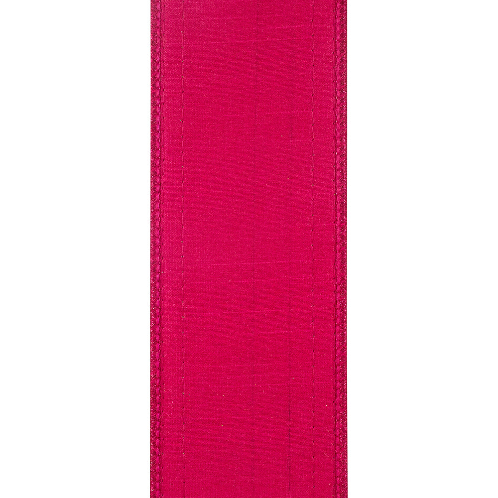Fuchsia pink dupioni wired edge ribbon with subtle sequin trimming and striped edges.